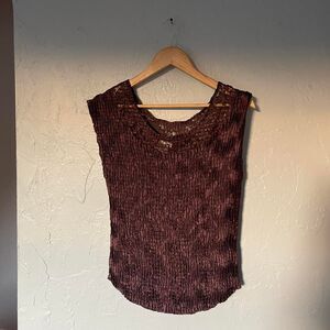 Y2K Women's Brown Crinkle and Lace Sleeveless Chocolate Brown Sleeveless Top